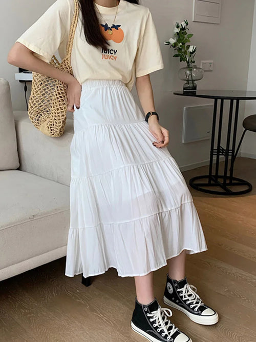 Spring Summer Women Chiffon Skirts Vintage High Waist Elastic