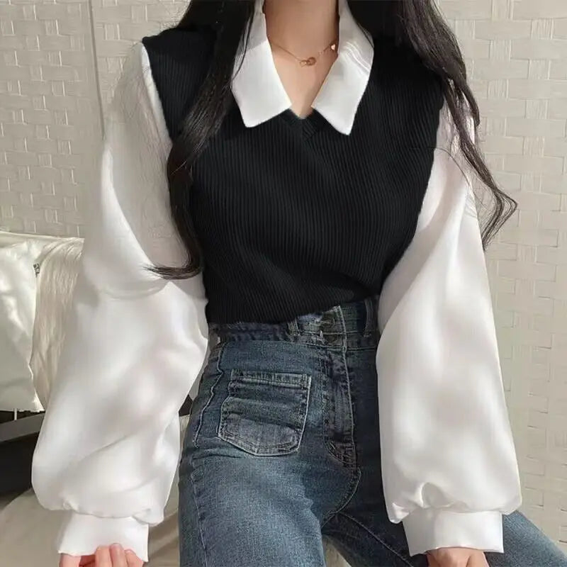 Summer Blouse Women Korean Style False Two-piece Polo Collar Blouses