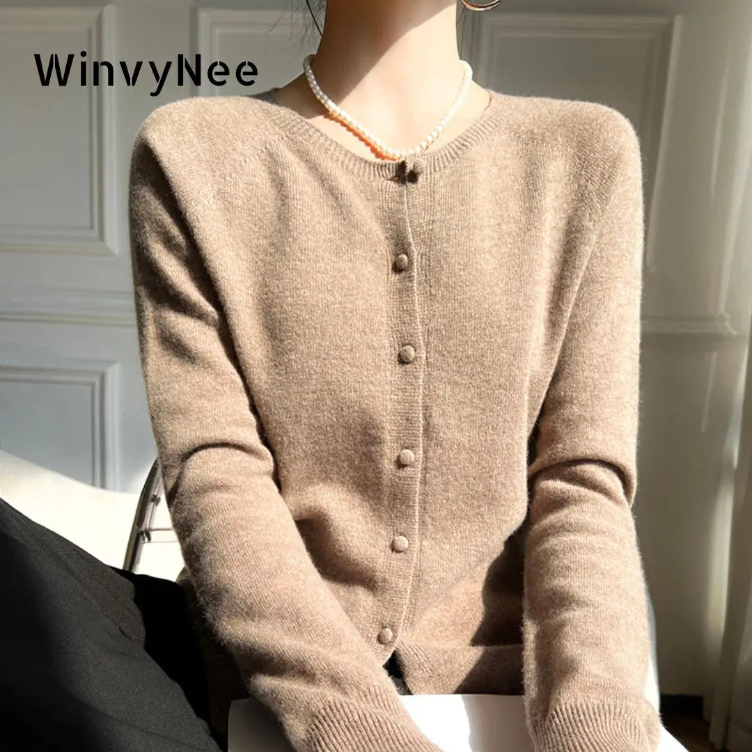 WinvyNee Women 100% Wool Cardigans Sweater Solid Casual Warm Outerwear