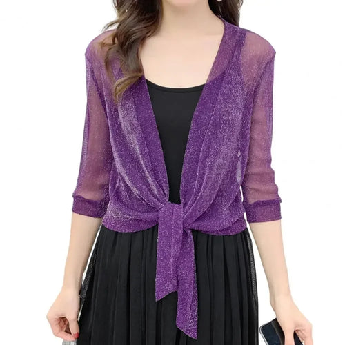 Women's Sheer Glitter Lace-up Cardigan Half Sleeve Summer Lightweight