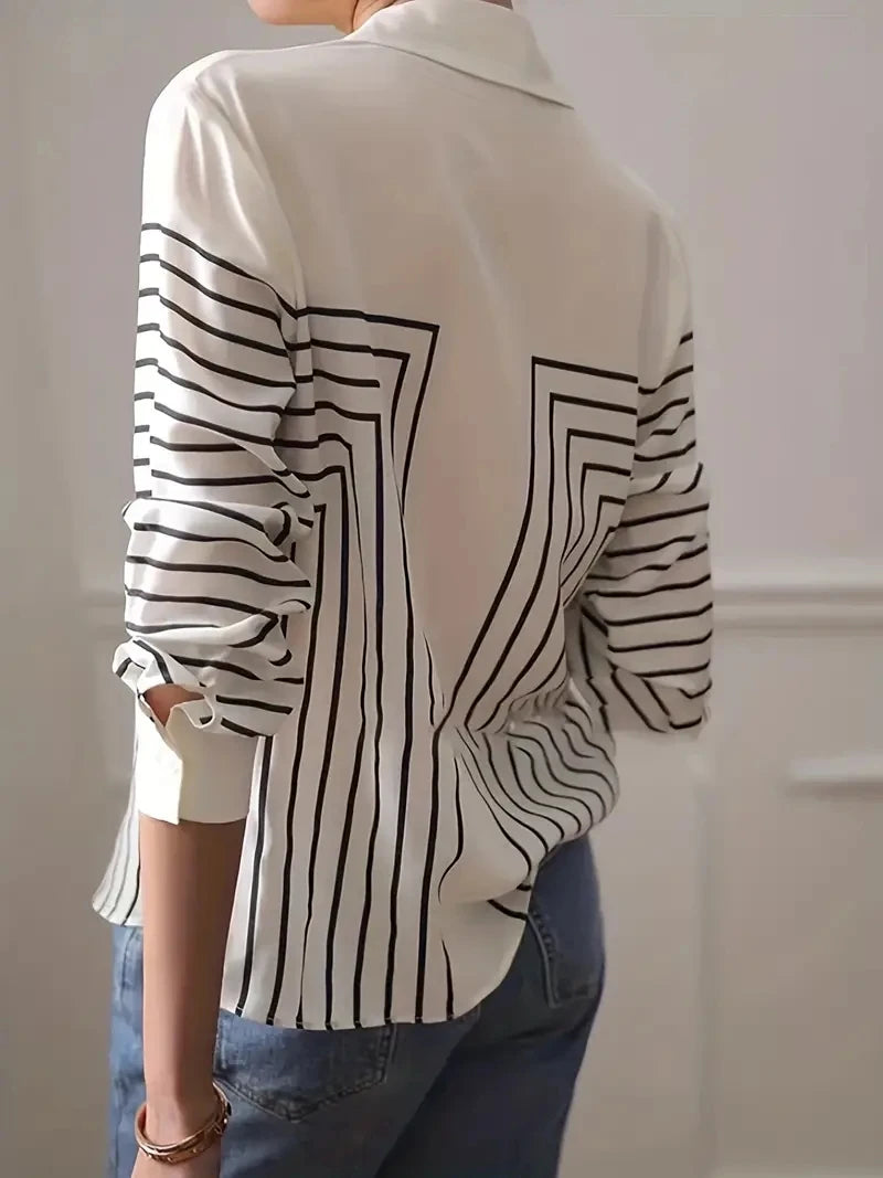 Women's Shirts & Blouses,Elegance Black and White Line Print Button