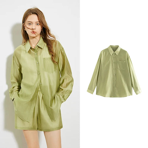 TOYOUTH Women French Mustard Green Tencel Shirt 2024 Summer New