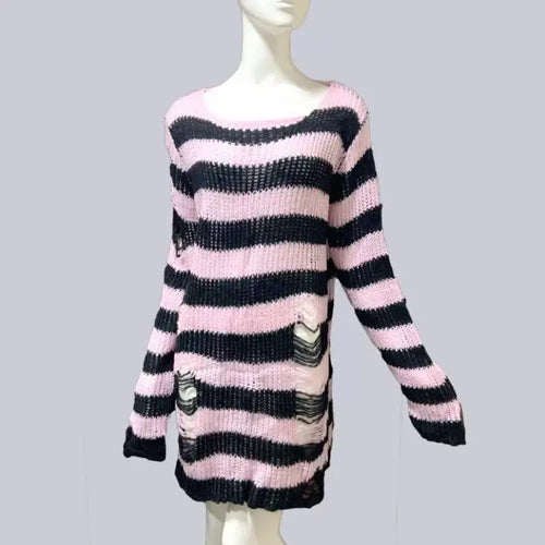 New Punk Gothic Long Unisex Sweater Summer Women Striped Cool Hollow