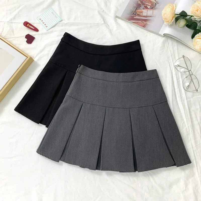 Vintage Gray Pleated Skirt Women Kawaii High Waist Mini Skirts Korean