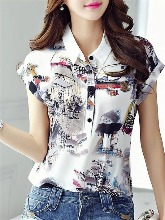 Women Spring Summer Style Chiffon Blouses Shirt Lady Casual Short