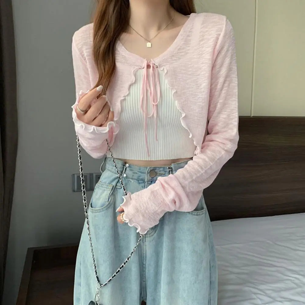 Summer Women Thin Sunscreen Cardigan Lace-up Knitwear Tops Female