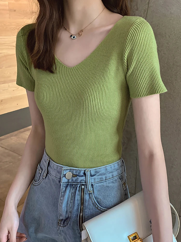 Pullover knitted Short Sleeve knitted Sweater Women Spring Summer Slim