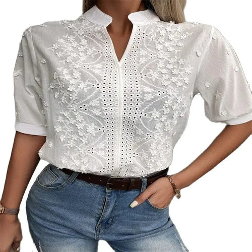 2024 Summer Elegant Short Sleeve White Shirt Vintage Tops Crochet