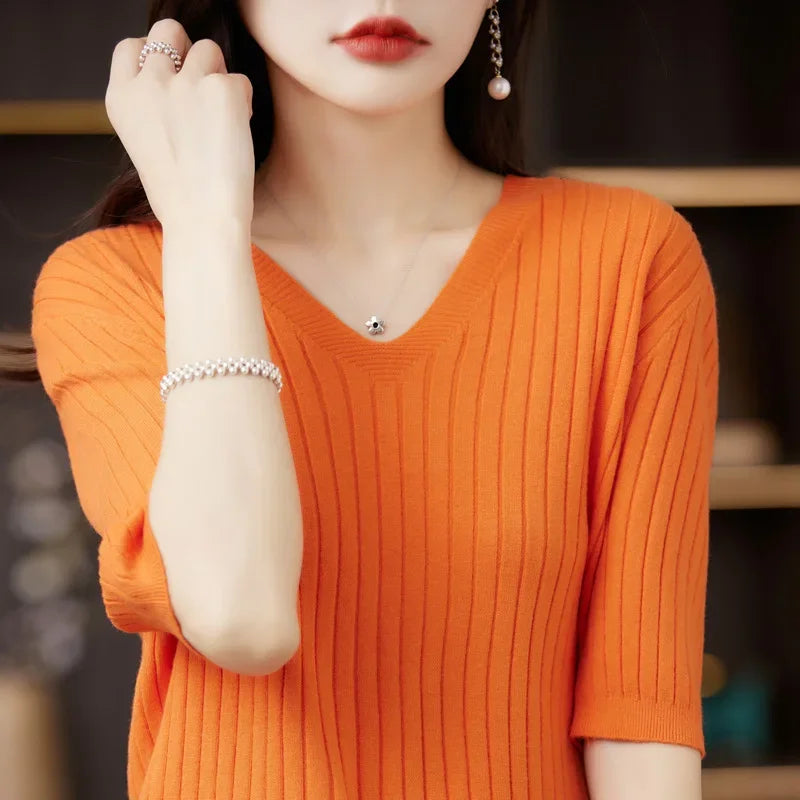 Women Sweater Short Sleeve V-neck Stripe Knitwears Slim Fit Shirt