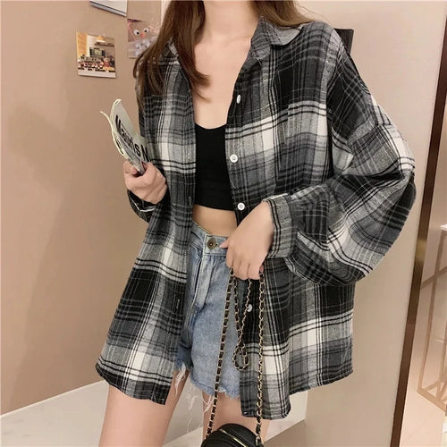 Plaid Shirt Women Autumn Long Sleeve Top Female Vintage Fashion Single