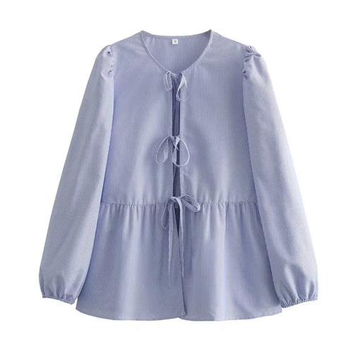 Vintage Women Puff Sleeve Loose Shirts 2024 Fashion Ladies Sweet Bow