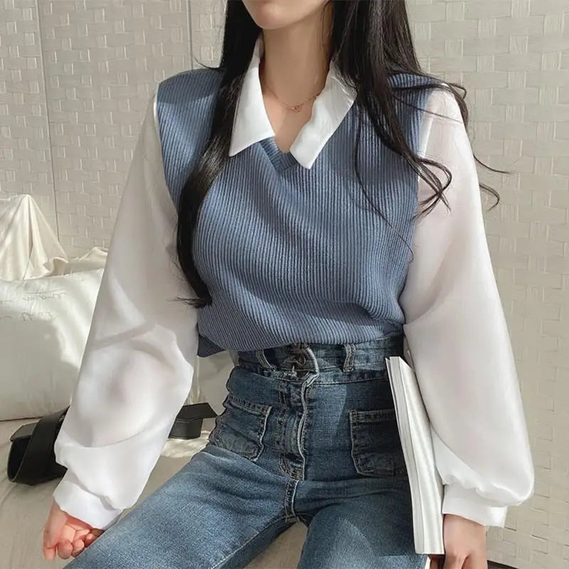 Summer Blouse Women Korean Style False Two-piece Polo Collar Blouses