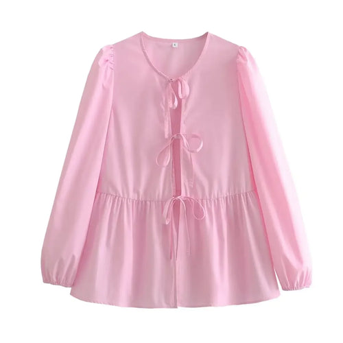 Vintage Women Puff Sleeve Loose Shirts 2024 Fashion Ladies Sweet Bow