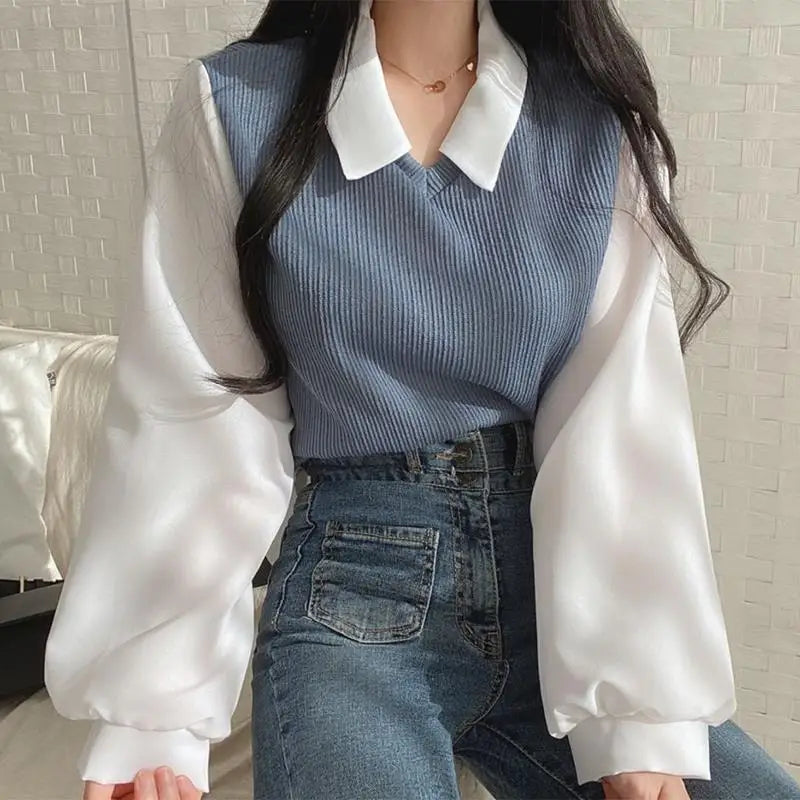 Summer Blouse Women Korean Style False Two-piece Polo Collar Blouses