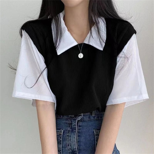 Summer Blouse Women Korean Style False Two-piece Polo Collar Blouses