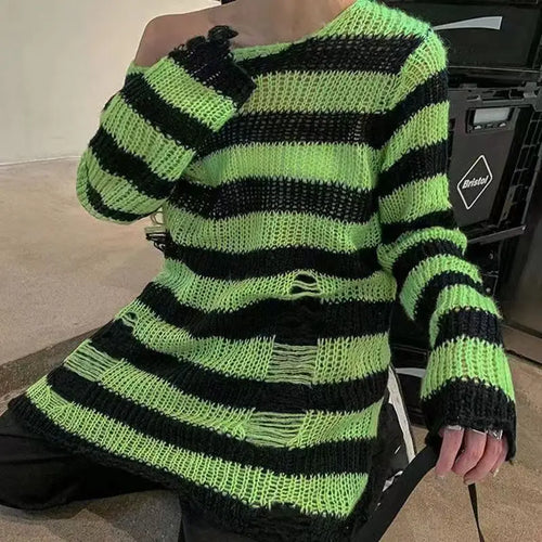 New Punk Gothic Long Unisex Sweater Summer Women Striped Cool Hollow