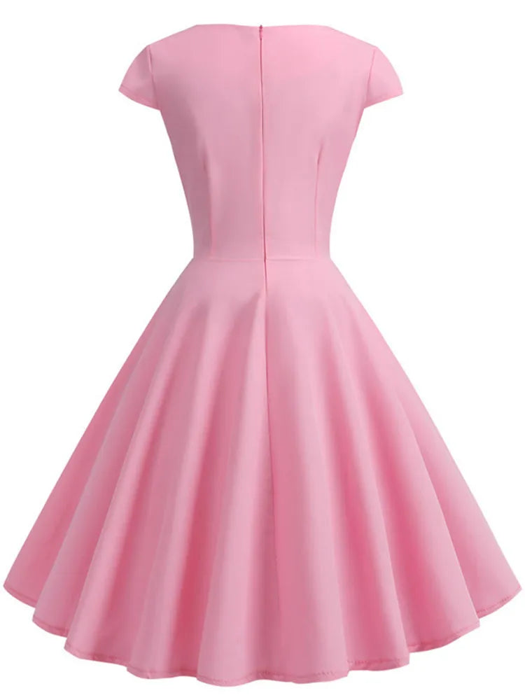 Pink Summer Dress Women V Neck Vintage Robe Elegant Retro pin up Party