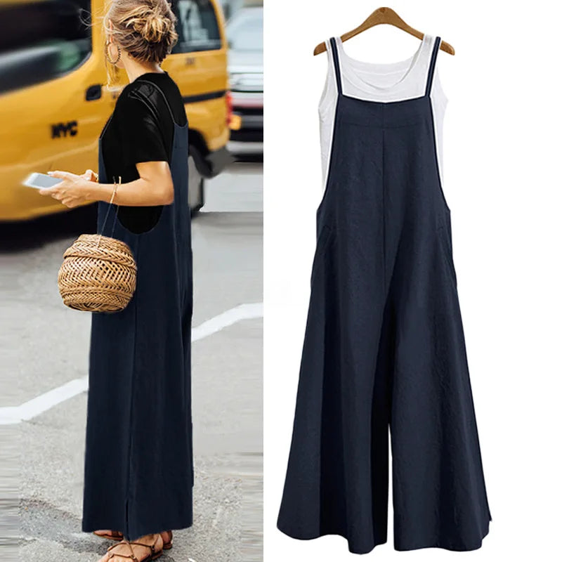 Women Straps Jumpsuit Summer Solid Color Wide Leg Pants Dungaree Bib