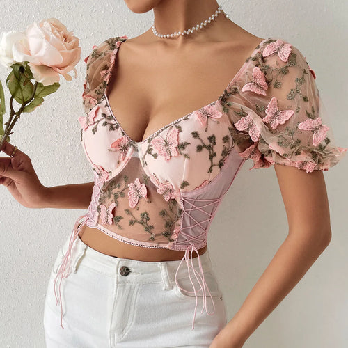 Yimunancy Puff Sleeve Crop Top Women Short Sleeve Mesh Patchwork Boho