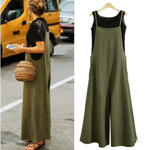 Women Straps Jumpsuit Summer Solid Color Wide Leg Pants Dungaree Bib