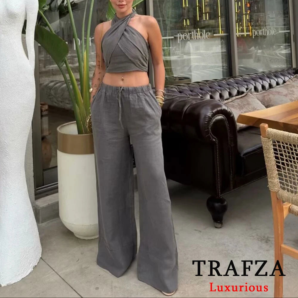 TRAFZA Streetwear Khaki Suits Women Sleeveless Halter Sexy Crop Tops