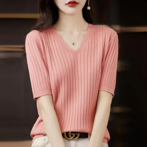 Women Sweater Short Sleeve V-neck Stripe Knitwears Slim Fit Shirt