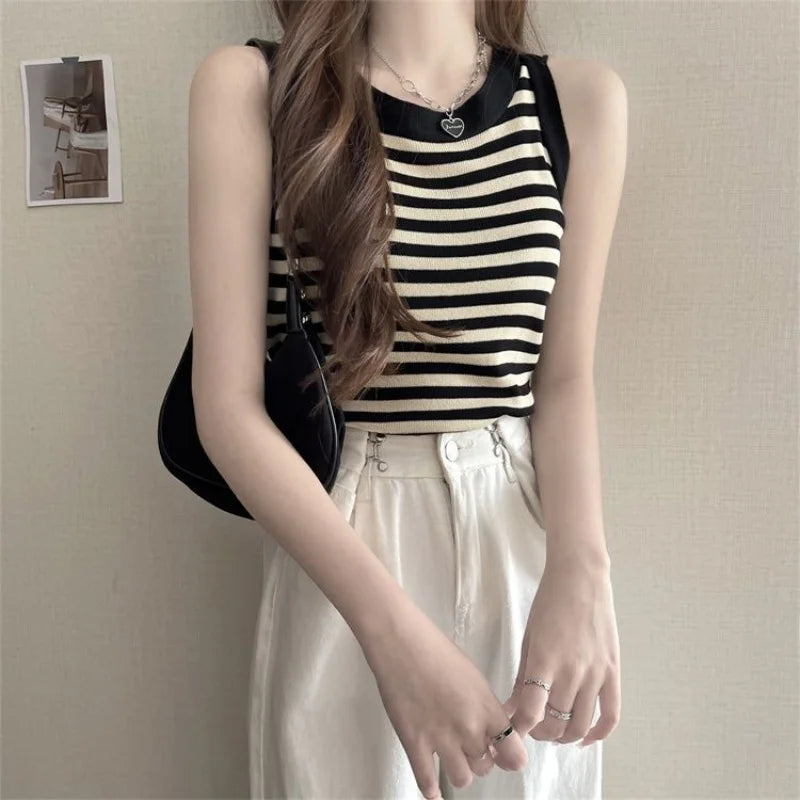 Summer Korean Stripe Knitted Tank Top Women Round Neck Sleeveless Slim