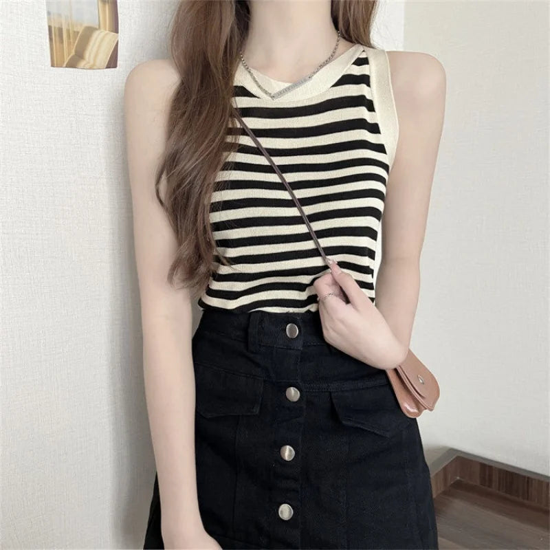 Summer Korean Stripe Knitted Tank Top Women Round Neck Sleeveless Slim