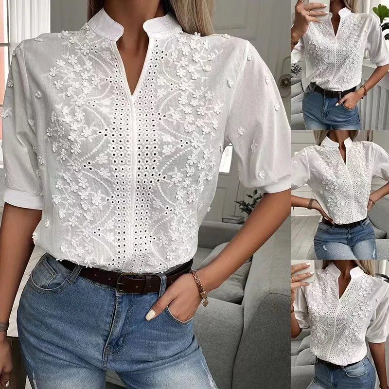 2024 Summer Elegant Short Sleeve White Shirt Vintage Tops Crochet