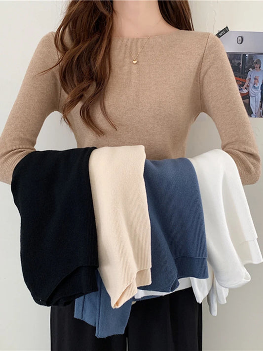 Autumn Winter Women Sweaters Slash Neck Slim Knitted Pullovers chic