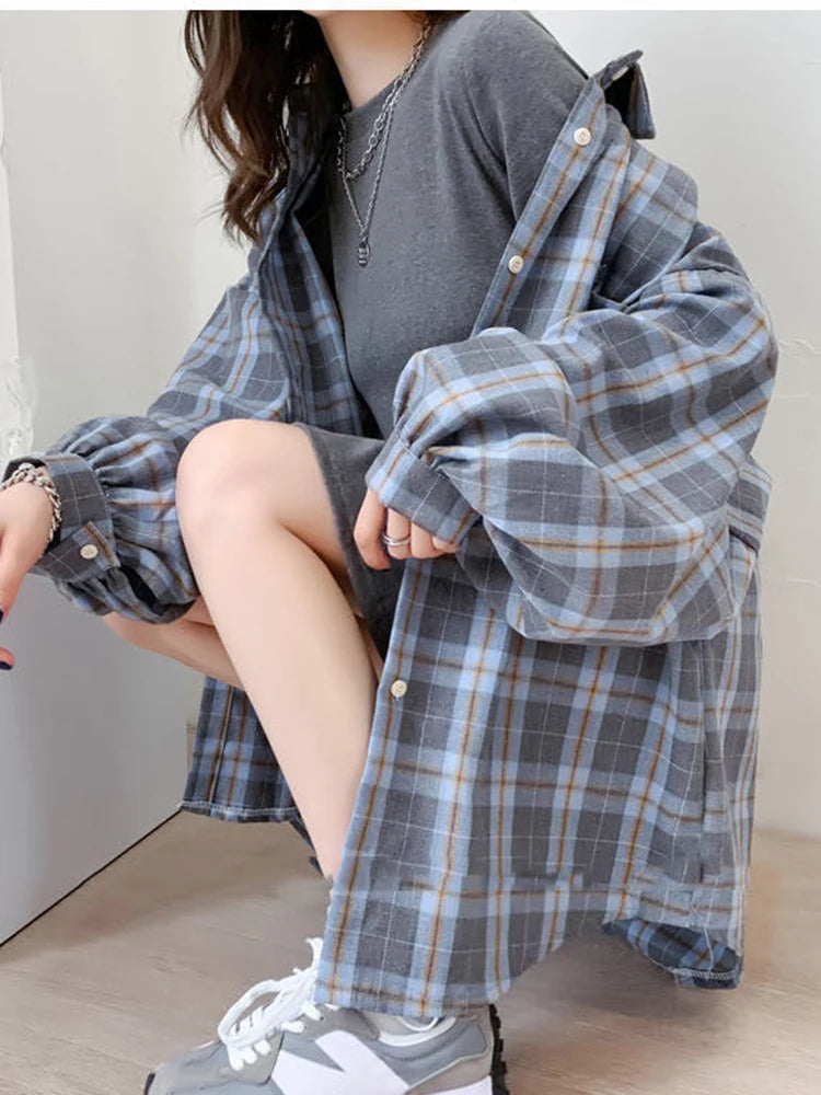 JMPRS Fashion Plaid Women Shirt Fashion Korean Oversize Tops Harajuku