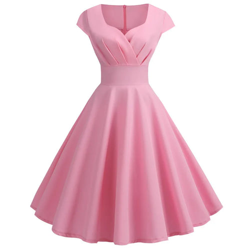 Pink Summer Dress Women V Neck Vintage Robe Elegant Retro pin up Party