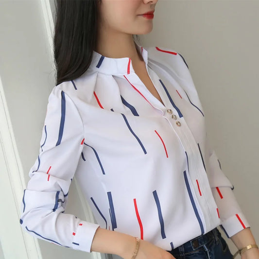 Stripe Women Blouse Fashion Standing Collar Women's Shirt Long Sleeved