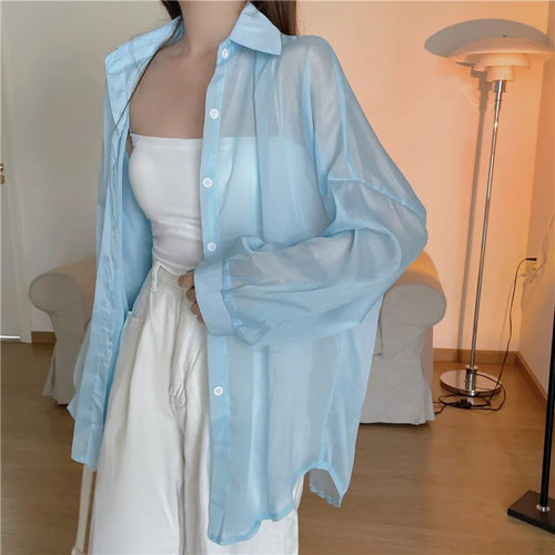 Semi Sheer Long Sleeve Shirt for Women Shimmer Button Down Collared