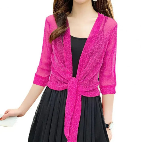 Women's Sheer Glitter Lace-up Cardigan Half Sleeve Summer Lightweight