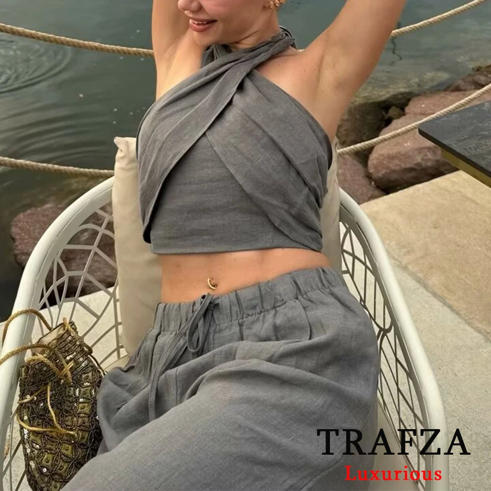 TRAFZA Streetwear Khaki Suits Women Sleeveless Halter Sexy Crop Tops