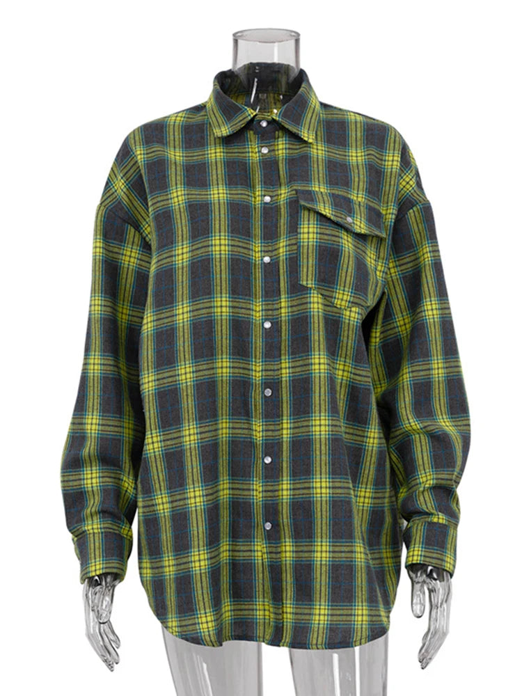 Mueyaruho 2023 Autumn Winter Women Oversized Plaid Shirt Vintage Long