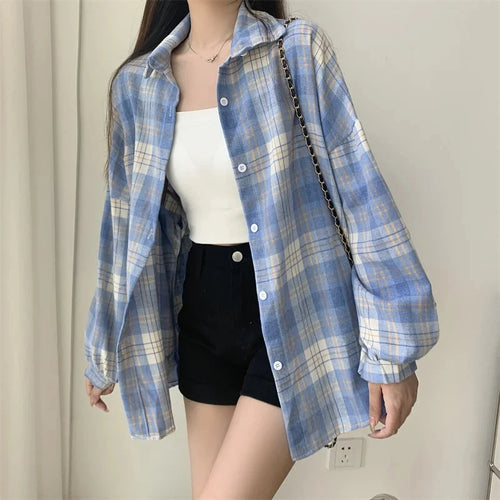 Plaid Shirt Women Autumn Long Sleeve Top Female Vintage Fashion Single