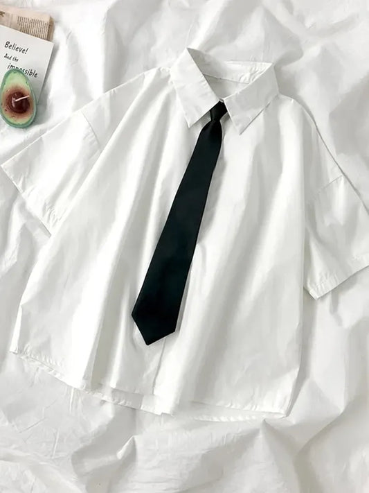 ZOKI White Shirts Women Fashion Black Tie Japan Style Preppy Students