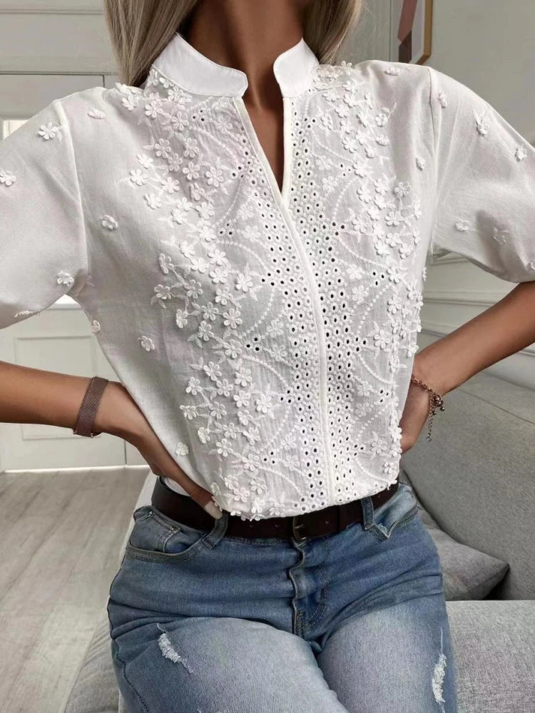 2024 Spring Embroidery Women Blouse Fashion Summer V-neck Lantern