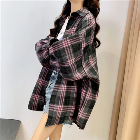 Plaid Shirt Women Autumn Long Sleeve Top Female Vintage Fashion Single