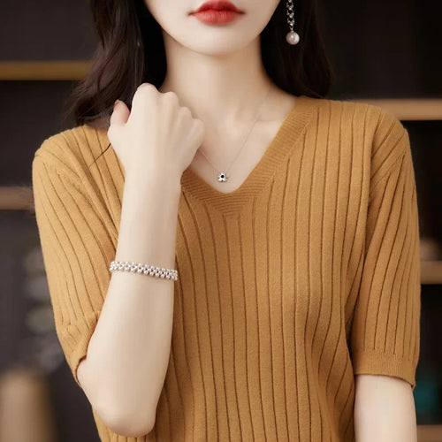 Women Sweater Short Sleeve V-neck Stripe Knitwears Slim Fit Shirt