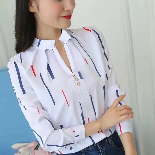 Women White Tops Blouses Fashion Stripe Print Casual Long Sleeve