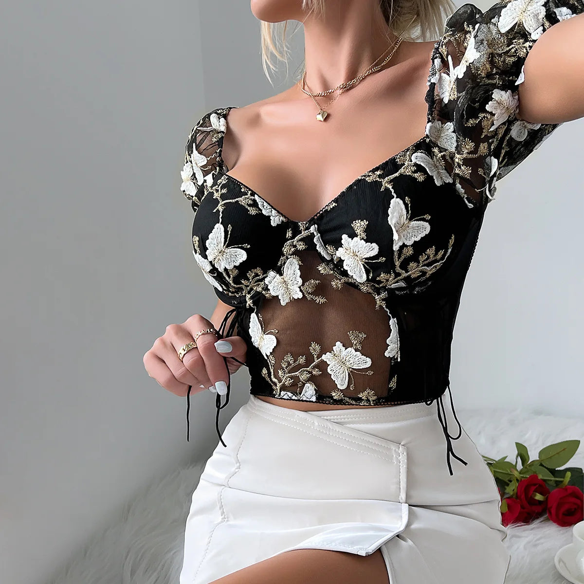 Yimunancy Puff Sleeve Crop Top Women Short Sleeve Mesh Patchwork Boho