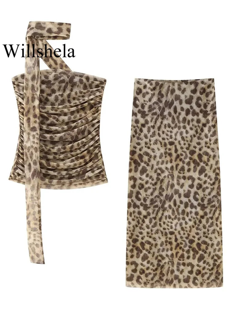 Willshela Women Fashion 2 Piece Set Tulle Leopard Pleated Tops &