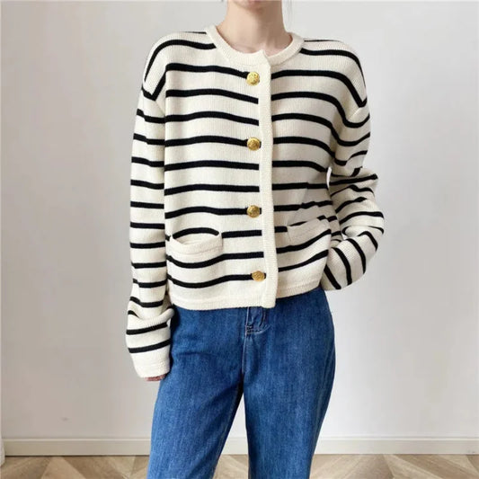 Autumn and winter Korean contrasting striped knitted cardigan women's