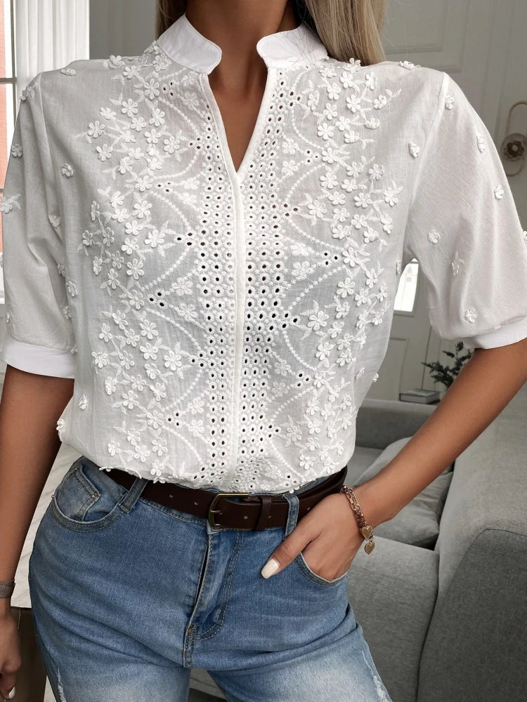 2024 Spring Embroidery Women Blouse Fashion Summer V-neck Lantern