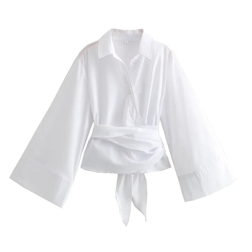 Women's Long Sleeve Kimono Blouses With Bow Tie, Casual Polo Neck,