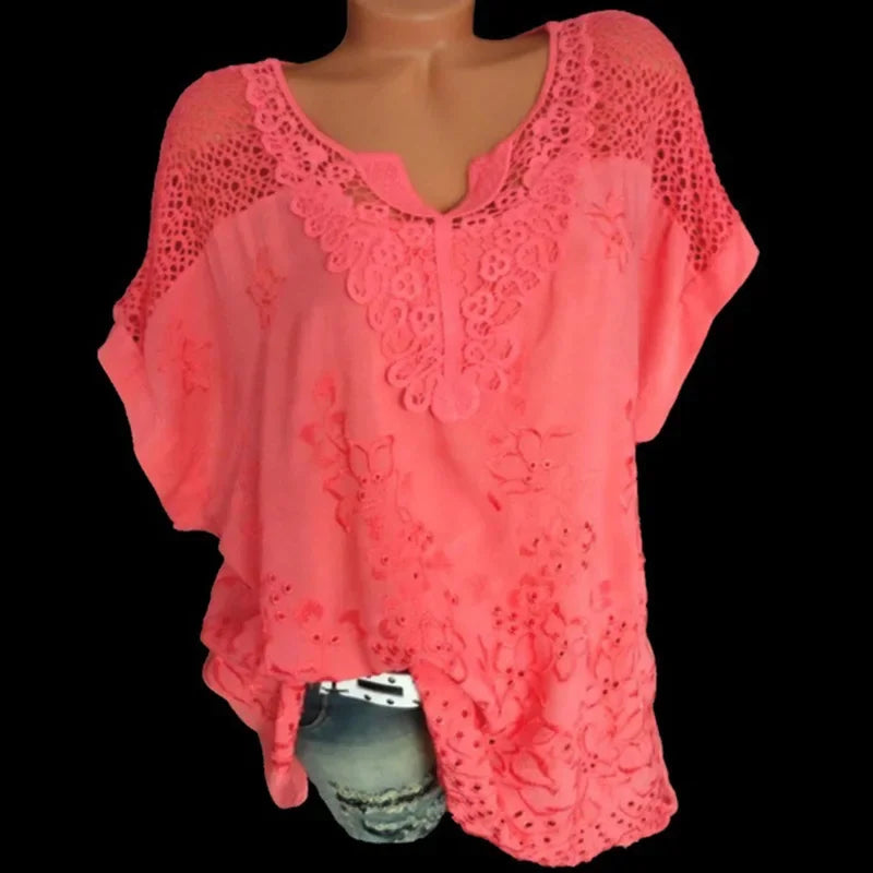 New Summer Short Sleeve Womens Blouses and Tops Loose White Lace