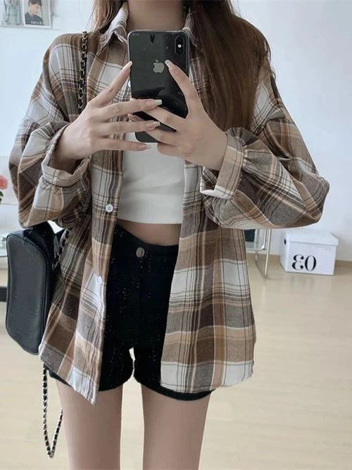 Plaid Shirt Women Autumn Long Sleeve Top Female Vintage Fashion Single